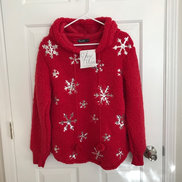 Christmas Third Wish Sherpa Sequin Snowflake Pom Pom Hoodie Size L Red Silver - Picture 1 of 6